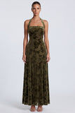 Halter Olive A Line Floral Velvet Maxi Formal Dress
