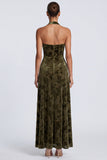 Halter Olive A Line Floral Velvet Maxi Formal Dress