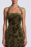 Halter Olive A Line Floral Velvet Maxi Formal Dress