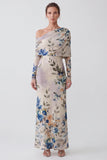 Blue Floral Mermaid One Shoulder Formal Dress With Long Sleeves