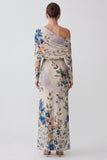 Blue Floral Mermaid One Shoulder Formal Dress With Long Sleeves