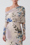 Blue Floral Mermaid One Shoulder Formal Dress With Long Sleeves