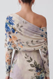 Blue Floral Mermaid One Shoulder Formal Dress With Long Sleeves
