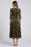 V-Neck Peacock Blue Floral A Line Velvet Midi Formal Dress