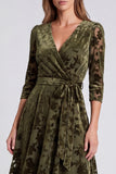 V-Neck Peacock Blue Floral A Line Velvet Midi Formal Dress