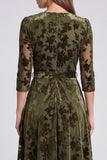 V-Neck Peacock Blue Floral A Line Velvet Midi Formal Dress