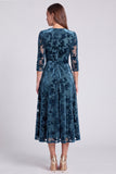 V-Neck Peacock Blue Floral A Line Velvet Midi Formal Dress