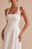A Line Halter Midi White Dress