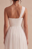 A Line One Shoulder Tulle Midi White Dress