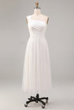 A Line One Shoulder Tulle Midi White Dress