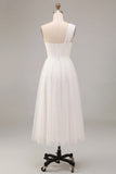 A Line One Shoulder Tulle Midi White Dress