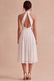 Halter A Line Lace Midi White Dress