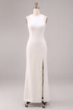 Round Neck Sheath Satin Maxi White Dress With Slit