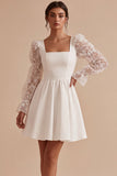 A Line Square Neck Little White Dress With Long Sleeves