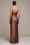 Strapless Coffee Satin Sheath Maxi Formal Dress