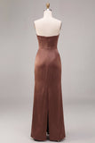 Strapless Coffee Satin Sheath Maxi Formal Dress