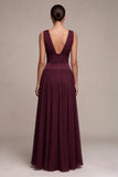 Burgundy A Line Chiffon V-Neck Maxi Formal Dress