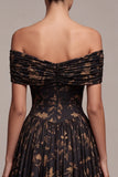 Off The Shoulder Floral A Line Maxi Black Tie Dress