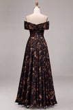 Off The Shoulder Floral A Line Maxi Black Tie Dress