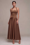 Halter A Line Coffee Satin Maxi Formal Dress