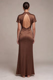 Mermaid Short Sleeve Coffee Satin Maxi Formal Dress