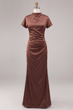Mermaid Short Sleeve Coffee Satin Maxi Formal Dress