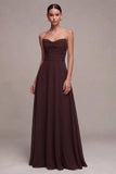 Strapless A Line Dark Coffee Chiffon Maxi Formal Dress