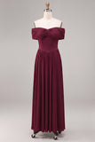 Off The Shoulder Burgundy A Line Chiffon Maxi Formal Dress