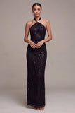 Halter Sequins Sheath Maxi Black Tie Dress