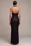 Halter Sequins Sheath Maxi Black Tie Dress