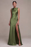 Satin A Line Straight Neck Olive Maxi Formal Dress
