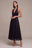 Halter Sequins A Line Lace Midi Black Tie Dress