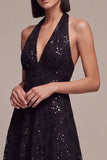Halter Sequins A Line Lace Midi Black Tie Dress