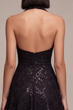 Halter Sequins A Line Lace Midi Black Tie Dress