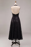 Halter Sequins A Line Lace Midi Black Tie Dress