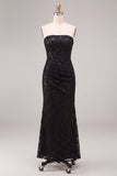 Strapless Mermaid Sequins Lace Maxi Black Tie Dress