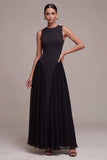 A Line Round Neck Maxi Black Tie Dress