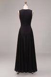 A Line Round Neck Maxi Black Tie Dress