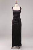 Square Neck Sheath Satin Maxi Black Tie Dress