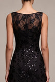 Sequins Chiffon A line Illusion Neck Maxi Black Tie Dress