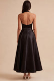 Halter Satin A Line Midi Black Tie Dress
