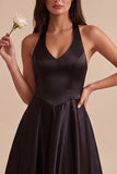 Halter Satin A Line Midi Black Tie Dress