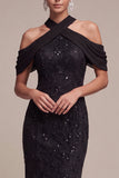 Sequins Mermaid Cold Shoulder Lace Black Tie Dress