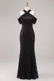 Sequins Mermaid Cold Shoulder Lace Black Tie Dress