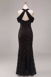 Sequins Mermaid Cold Shoulder Lace Black Tie Dress