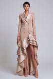 Ruffled One Piece Tiered Khaki Peak Lapel Blazer Dress