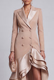 Ruffled One Piece Tiered Khaki Peak Lapel Blazer Dress