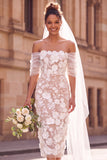 Off The Shoulder Sheath Floral Tulle White Midi Engagement Dress
