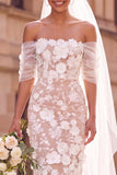 Off The Shoulder Sheath Floral Tulle White Midi Engagement Dress