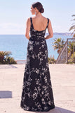 Floral Square Neck Black Long Formal Dress With Slit